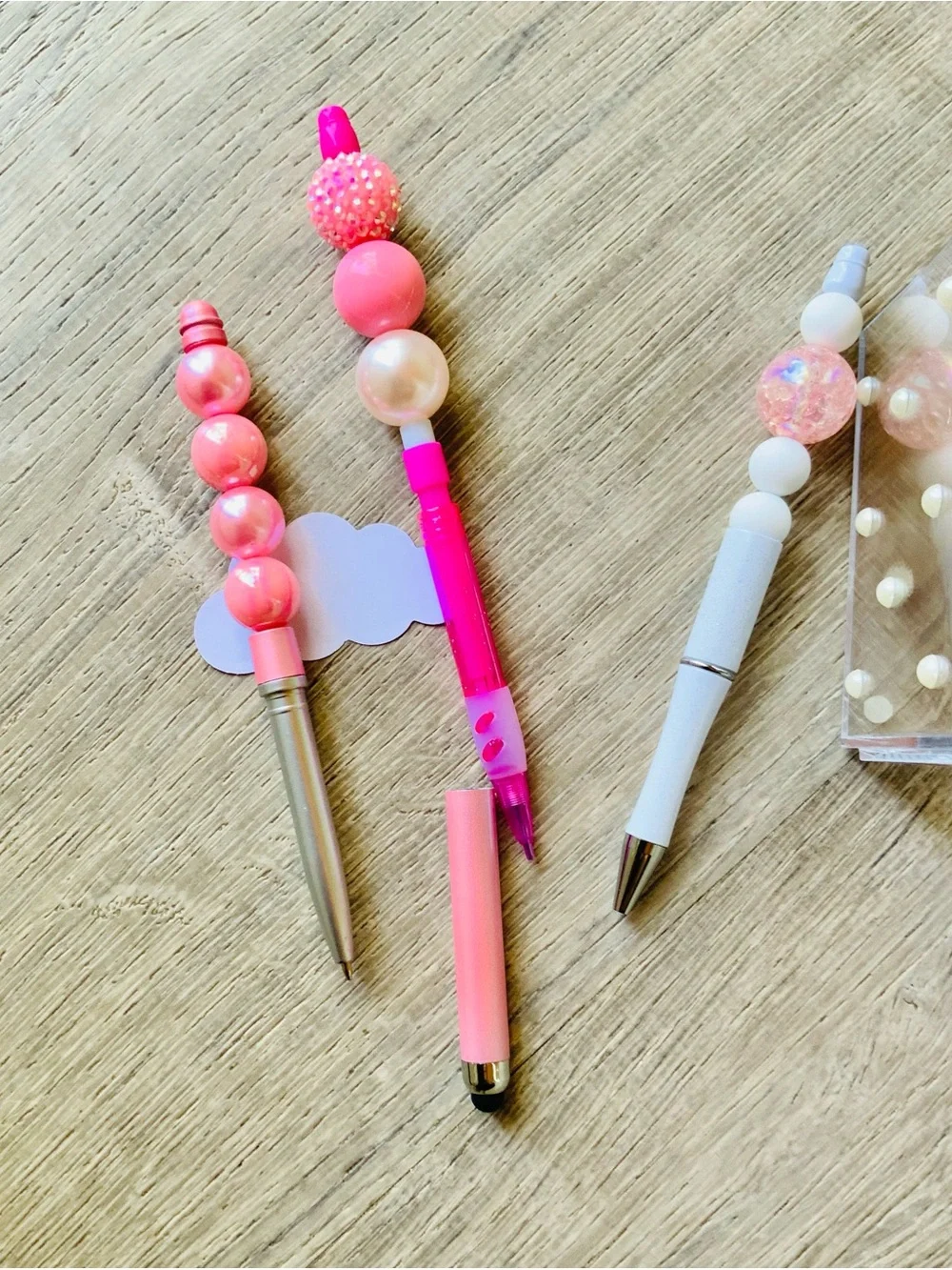 Homemade Crafted Beaded Pens & Pencils w/ Acrylic Pen Holder Stationery Set OS
